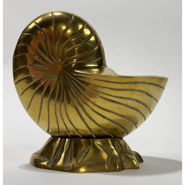 Vintage nautilus brass seashell planter atop rock style base. Use as a planter, pot, or as stand alone decor piece. Patina...