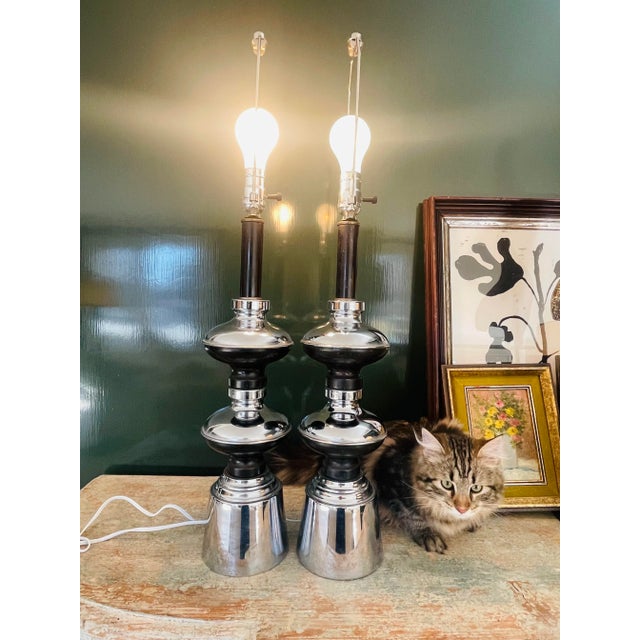 Chrome 1960s Vintage Mid-Century Modern Chrome and Black Stacked Table Lamps - a Pair For Sale - Image 8 of 9