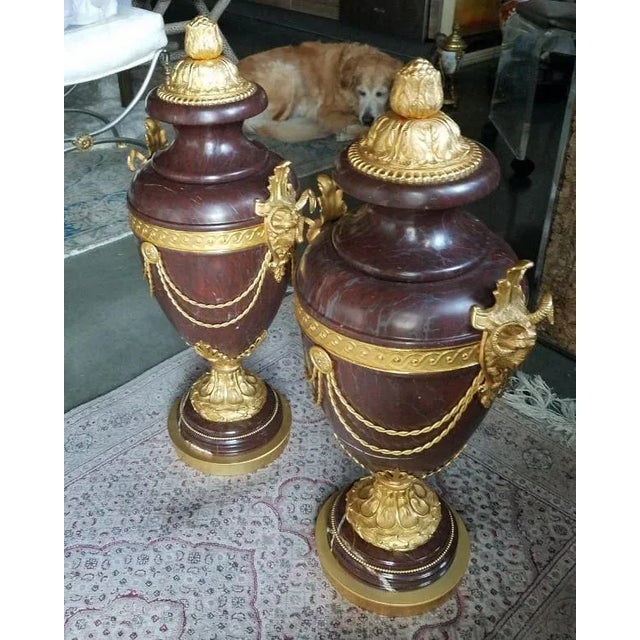20th Century French Rouge Marble Bronze Ormolu Urns - a Pair For Sale In Miami - Image 6 of 13