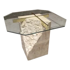 Postmodern Brass & Glass Top Pedestal End Table in Tessellated Stone Style of Maitland Smith