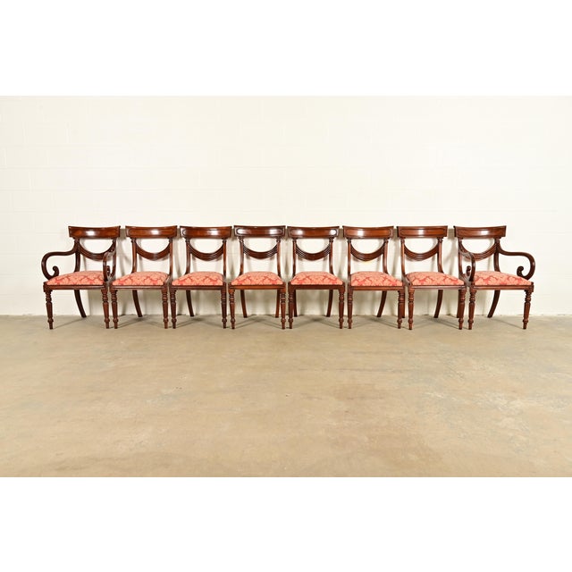 English Baker Furniture Style English Regency Carved Mahogany Dining Chairs, Set of Eight For Sale - Image 3 of 14
