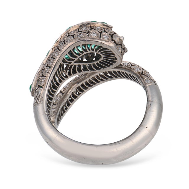 Vintage Diamond Emerald Platinum Snake Ring, Size 7 For Sale In Los Angeles - Image 6 of 6
