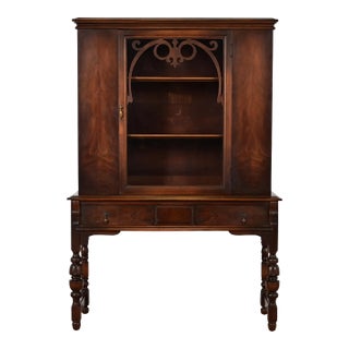 Limbert English Jacobean Carved Walnut and Burl Wood Bookcase or Bar Cabinet, Circa 1920s For Sale