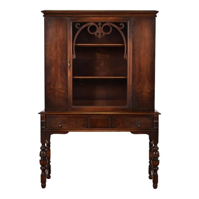 Limbert English Jacobean Carved Walnut and Burl Wood Bookcase or Bar Cabinet, Circa 1920s For Sale