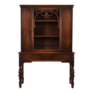 Limbert English Jacobean Carved Walnut and Burl Wood Bookcase or Bar Cabinet, Circa 1920s
