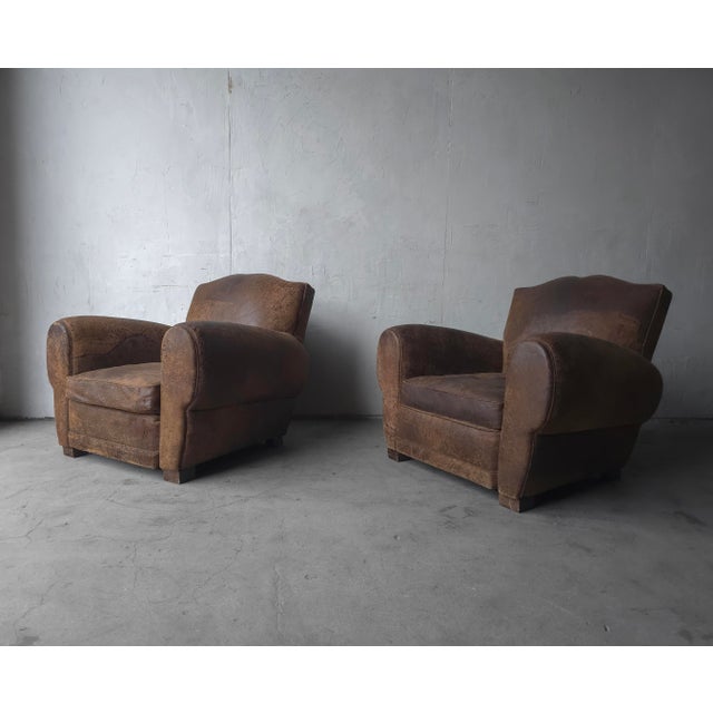 Rustic European French Style Patinated Leather Lounge Chairs by Restoration Hardware For Sale - Image 3 of 15