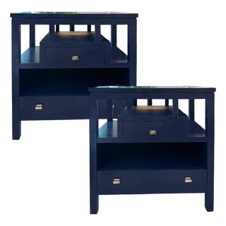 Pair of Stanley Furniture Two-Drawer Navy Blue Lacquer Nightstands For Sale