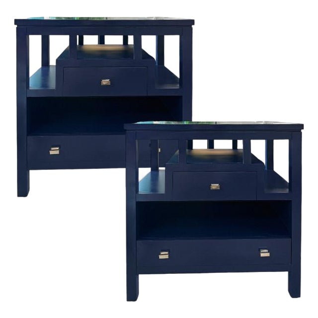 Pair of Stanley Furniture Two-Drawer Navy Blue Lacquer Nightstands For Sale