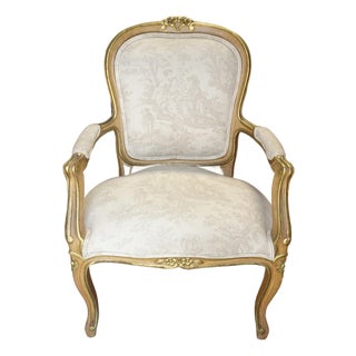 Vintage French Louis XVI Gold Gilt Off White Arm Chair For Sale