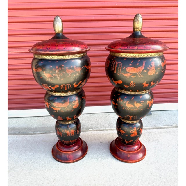 Wood Hand Painted Wood Urn Decor For Sale - Image 7 of 8