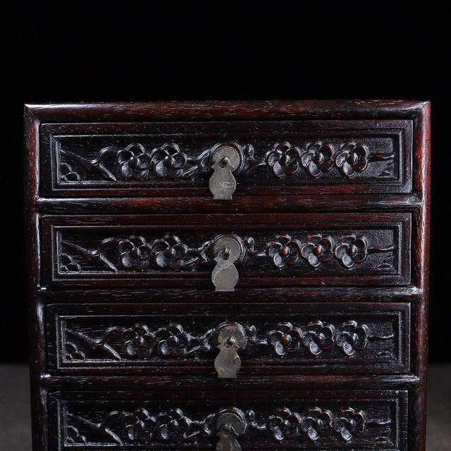 Mid 20th Century Vintage Chinese Hardwood Carved "Plum Blossom" 5-Drawer Cabinet / Jewelry Chest For Sale - Image 5 of 10