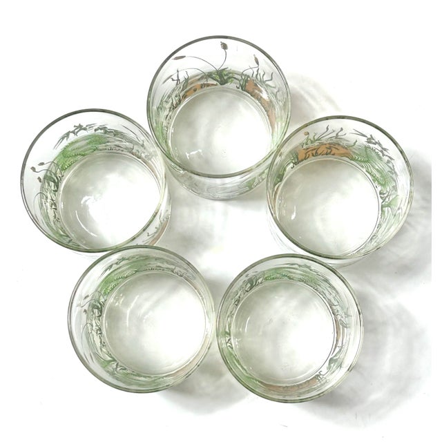 Vintage Cera Frog & Fern Cocktail Glass Set With Brass Tray – Mid-Century Bar Cart, Spring Entertaining Decor For Sale - Image 9 of 11
