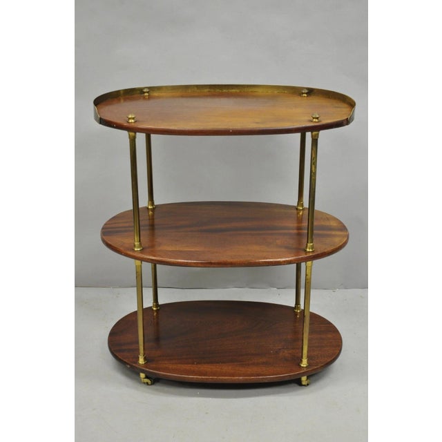 English Campaign Style Mahogany & Brass Oval 3 Tier Rolling Bar Cart Side Table For Sale - Image 12 of 12