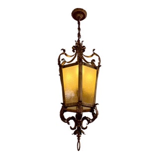 Gothic Revival Style Gilt Metal + Amber Glass Lantern Pendant, Vintage For Sale