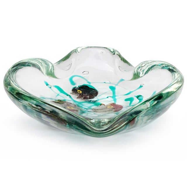 Murano Seguso Dalla Venezia Vintage Italian Art Glass 3 Fish Silver Flecks Green Algae Ashtray Trinket Bowl For Sale In Orlando - Image 6 of 8