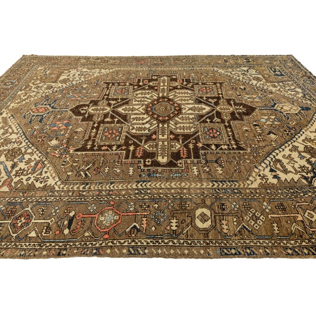Late 19th Century 19th Century Antique Serapi Heriz Rug With Geometric Medallion in Camel For Sale - Image 5 of 12