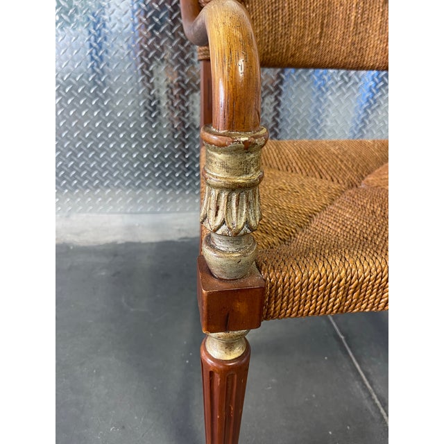 Wood Vintage Rush Seat Armchair With Bent Rattan Arms, Campaign / Neoclassical Accent Chair in the Style of Donghia For Sale - Image 7 of 10