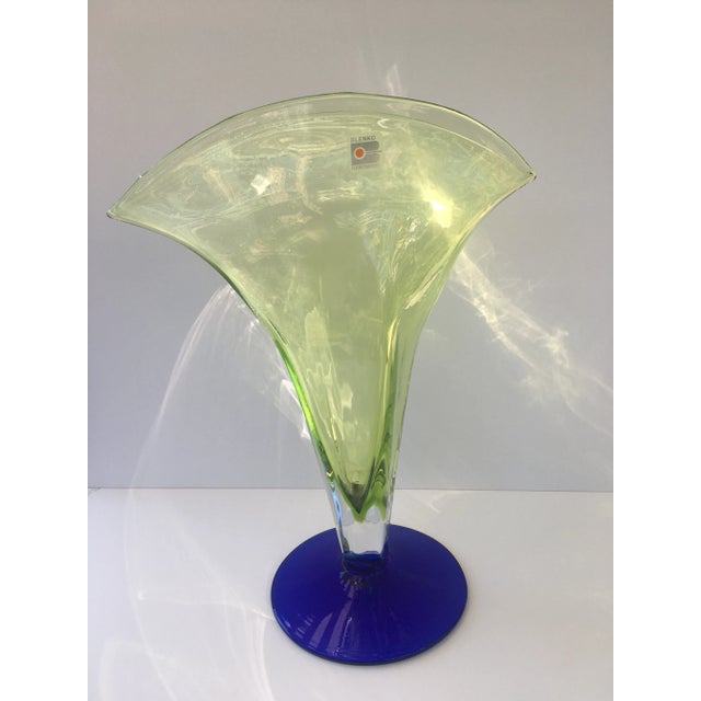 Unique Art Deco Style Blenko Glass Vase. Rich deep ink colbalt blue 5” base and arc shaped front with long tulip lip...