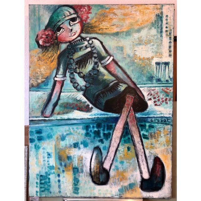 Expressionism Roger Crusat, Large French Expressionist Oil Painting, Girl, Poupèe, the Doll, Ecole de Paris For Sale - Image 3 of 11