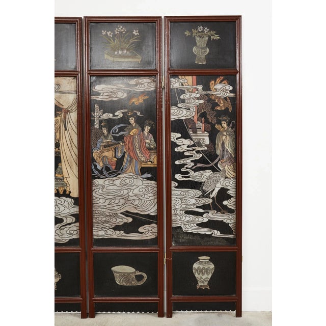 Figurative Chinese Export Four Panel Lacquered Coromandel Screen For Sale - Image 3 of 13