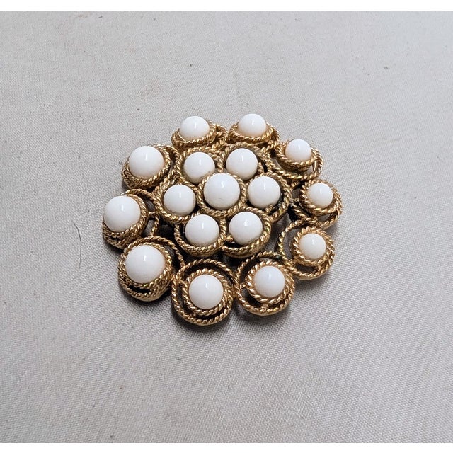 Metal Vintage 1964 Signed Crown Trifari White Cabochon Brooch, Harper's Bazaar Ad Piece For Sale - Image 7 of 7