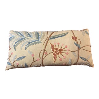 2000s Crewel Work Wool Botanical Pattern Decorative Pillow Horizontal Lumbar Pillow, Cream Background, Multiple Colors in Florals For Sale