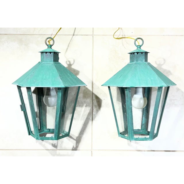 Rustic Hand-Crafted Vintage Solid Brass Hexagonal Hanging Lanterns, Usa For Sale - Image 3 of 16