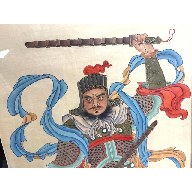 Pair of Vintage Chinese Gongbi Silk Paintings of Guardian Warriors For Sale - Image 4 of 11