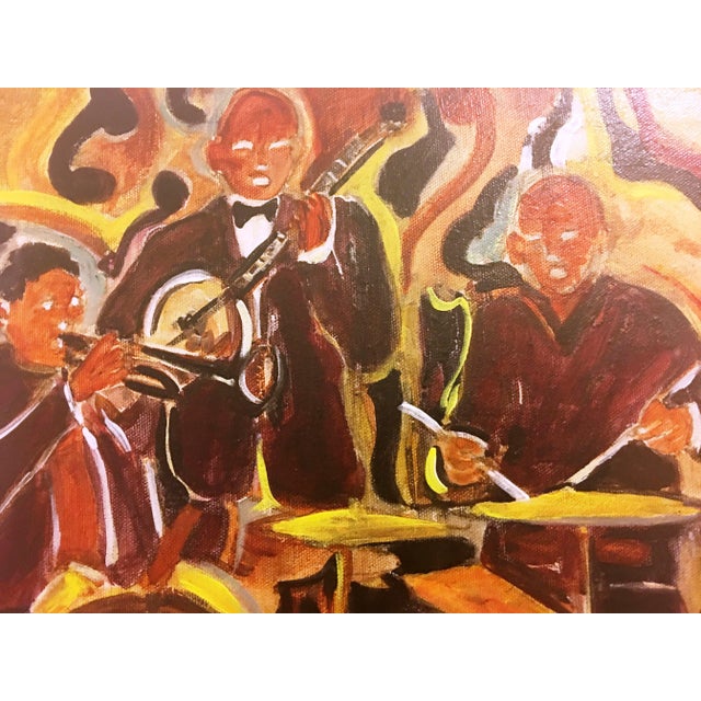 Watercolor on canvas, signed. Beautiful jazz performance scene with bright color by artist Cecile Hubene. Measures 12" x...