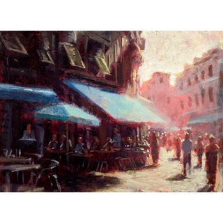 Cinque Terre Cafe by Christopher Clark | Oil and acrylic on wood panel Cafe scene in Cinque Terre For Sale