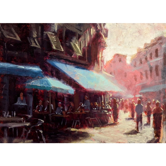 Cinque Terre Cafe by Christopher Clark | Oil and acrylic on wood panel Cafe scene in Cinque Terre For Sale
