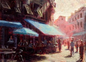 Cinque Terre Cafe by Christopher Clark | Oil and acrylic on wood panel Cafe scene in Cinque Terre