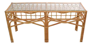 Bohemian Style Handcrafted Bent Bamboo & Rattan Console Table With Glass Top