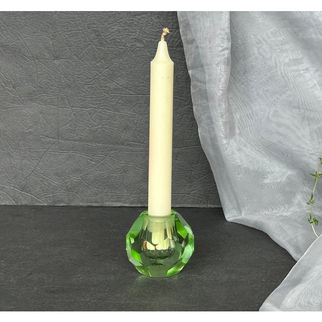 Vintage Faceted Green Glass Candlestick Holder or Paperweight For Sale - Image 11 of 11