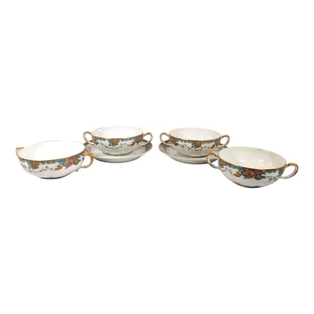 1910s Haviland Flat Bullion Cups and Two Underplates in Paisley Set of Four - 6 pcs For Sale