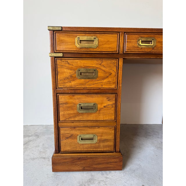 1970’s Hollywood Regency Military Campaign Style Executive Desk With Brass Hardware For Sale - Image 10 of 12