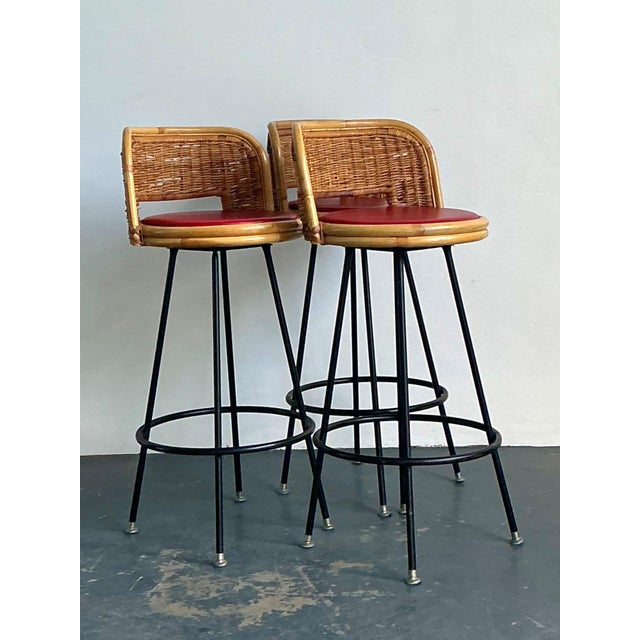 Wood Vintage Rattan and Metal Bar Stools - Set of 3 For Sale - Image 7 of 14