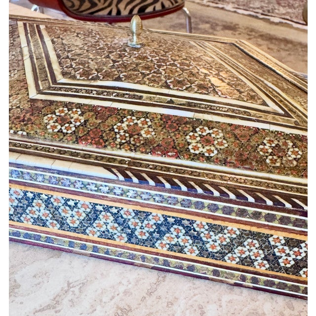 Burnt Umber Antique Middle Eastern Marquetry Jewelry Box With Brass Inlay, Circa 1920 For Sale - Image 8 of 13