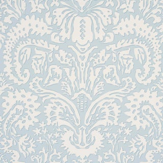 SAMPLE - Schumacher x Veere Greeney Suffolk Damask Wallpaper In Blue For Sale