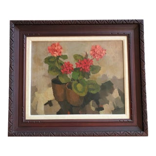 Vintage Oil Painting of Geraniums in Pots For Sale