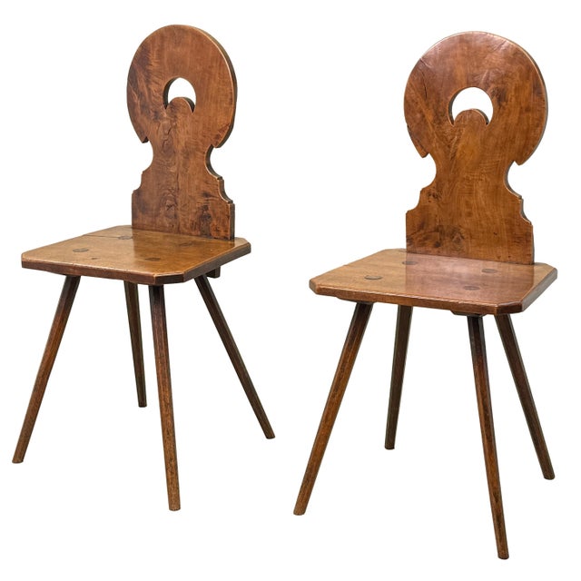 Swiss Folk Art Fruitwood Escabelle Hall Chairs, 1840, Set of 2 For Sale - Image 10 of 10