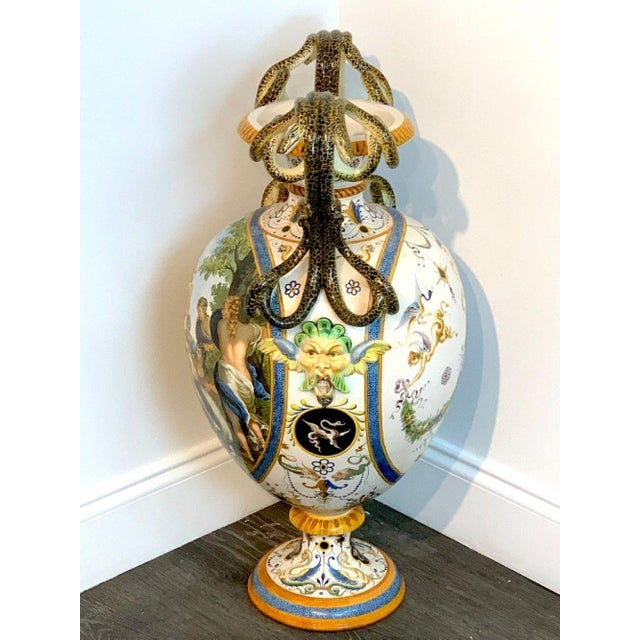 19th Century Ginori Majolica Allegorical Serpent Handled Vase For Sale - Image 5 of 12