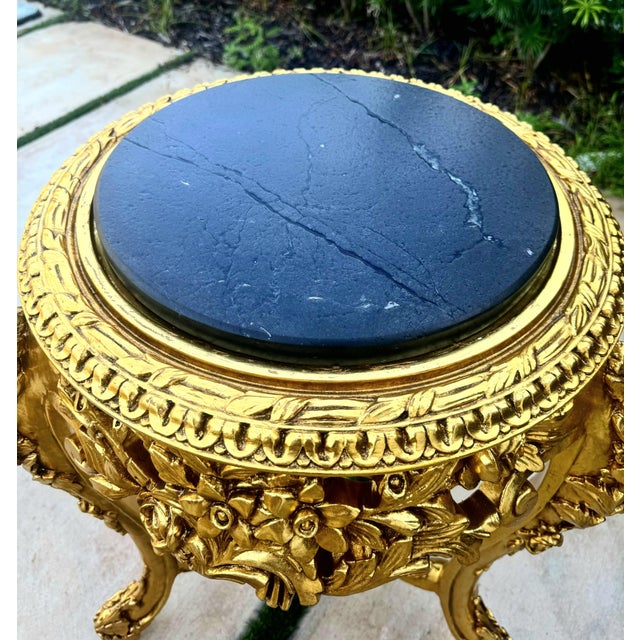 French Set of 2 French-Style Gilded Side Tables – Black Marble Tops With Gold Leaf Details For Sale - Image 3 of 11
