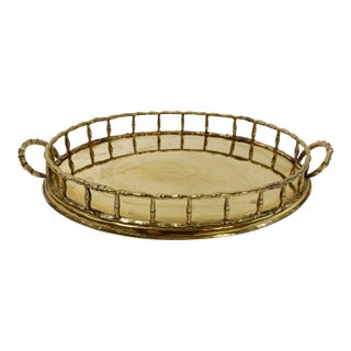 Vintage Brass Oval Faux Bamboo Gallery Tray For Sale