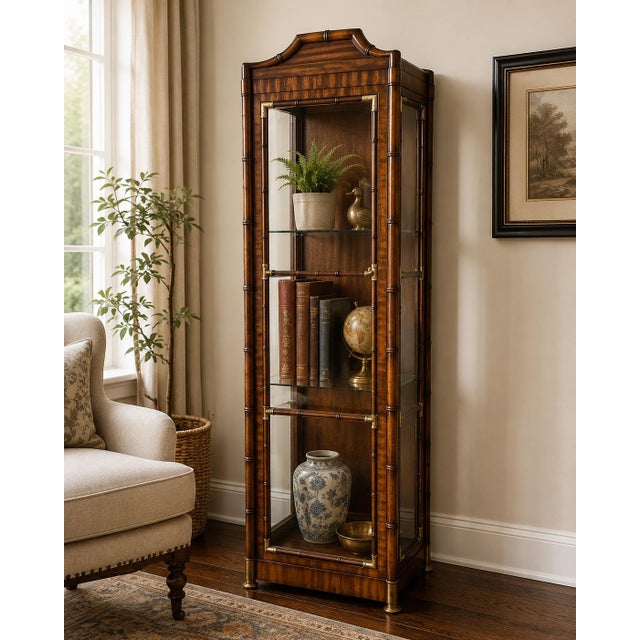 Offered is a vintage pagoda style display cabinet by Weiman. This piece is illuminated from the top with doors on each...