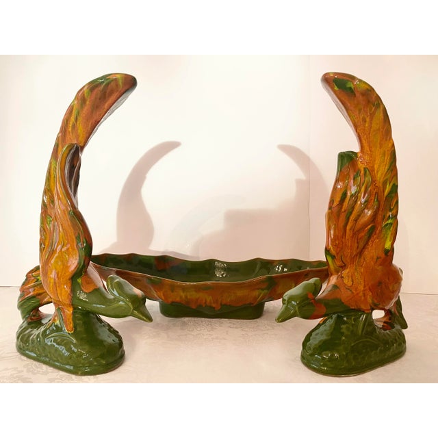 Rare Mid-Century California Original Pottery/Ceramics Oblong Scalloped Edged Low Bowl & Two Fire Phoenix Pheasant Birds 3 Pieces Excellent Condition. For Sale - Image 4 of 12