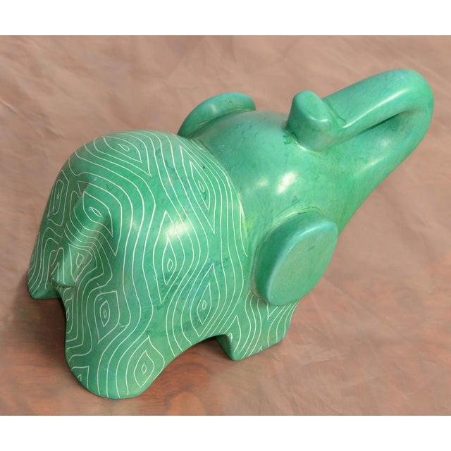 Green Vintage African Folk Art Carved Soapstone Ocean Green Elephant Figurine Animal For Sale - Image 8 of 13