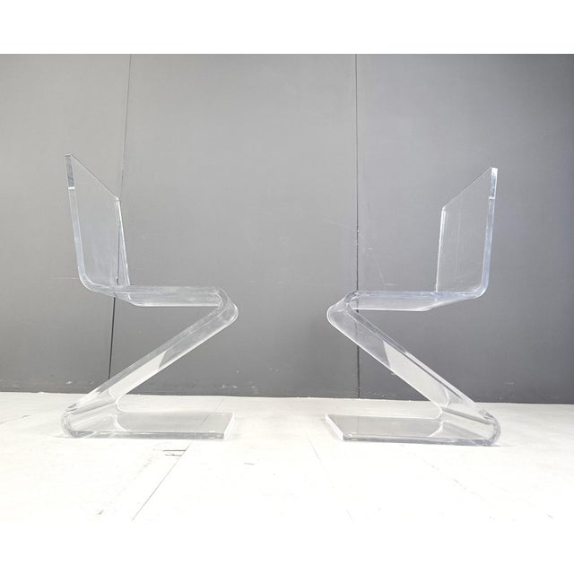 Acrylic Glass Zigzag Dining Chairs, 1980s, Set of 2 For Sale - Image 4 of 10