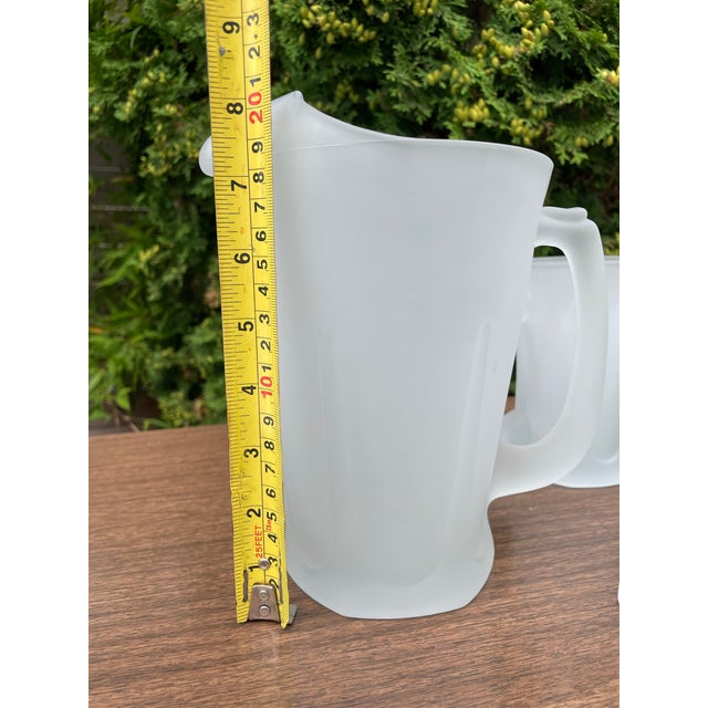 1970s Mid-Century Modern Frosted Sculpted Glass Pitcher & Mugs - Set of 5 For Sale - Image 9 of 10