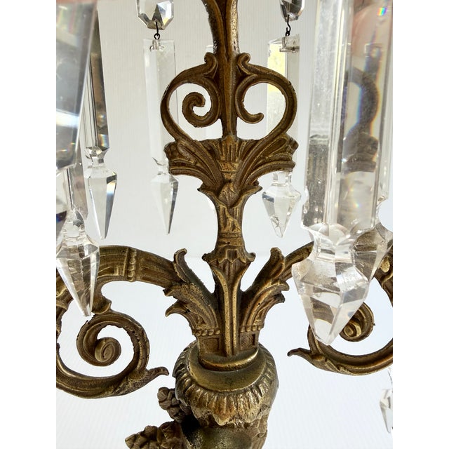 Metal Antique Brass Soldier Victorian 3 Arm Girandole Candlestick With Marble Base & Prisms For Sale - Image 7 of 17